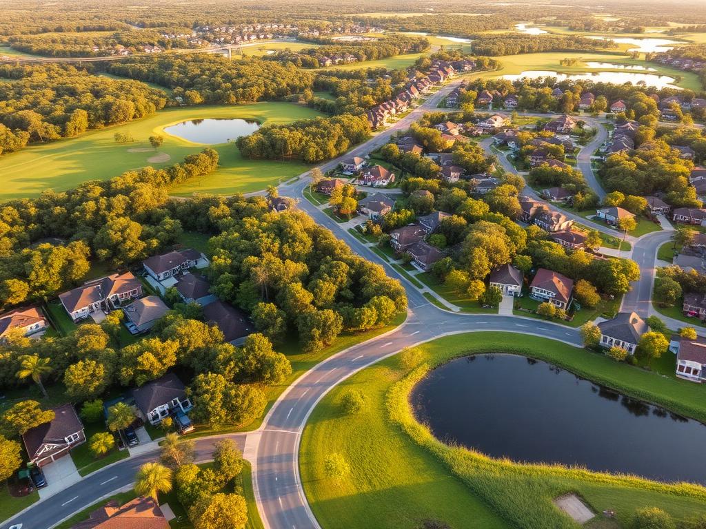 Aerial view of an established Apopka golf-course community with mature trees and small lakes