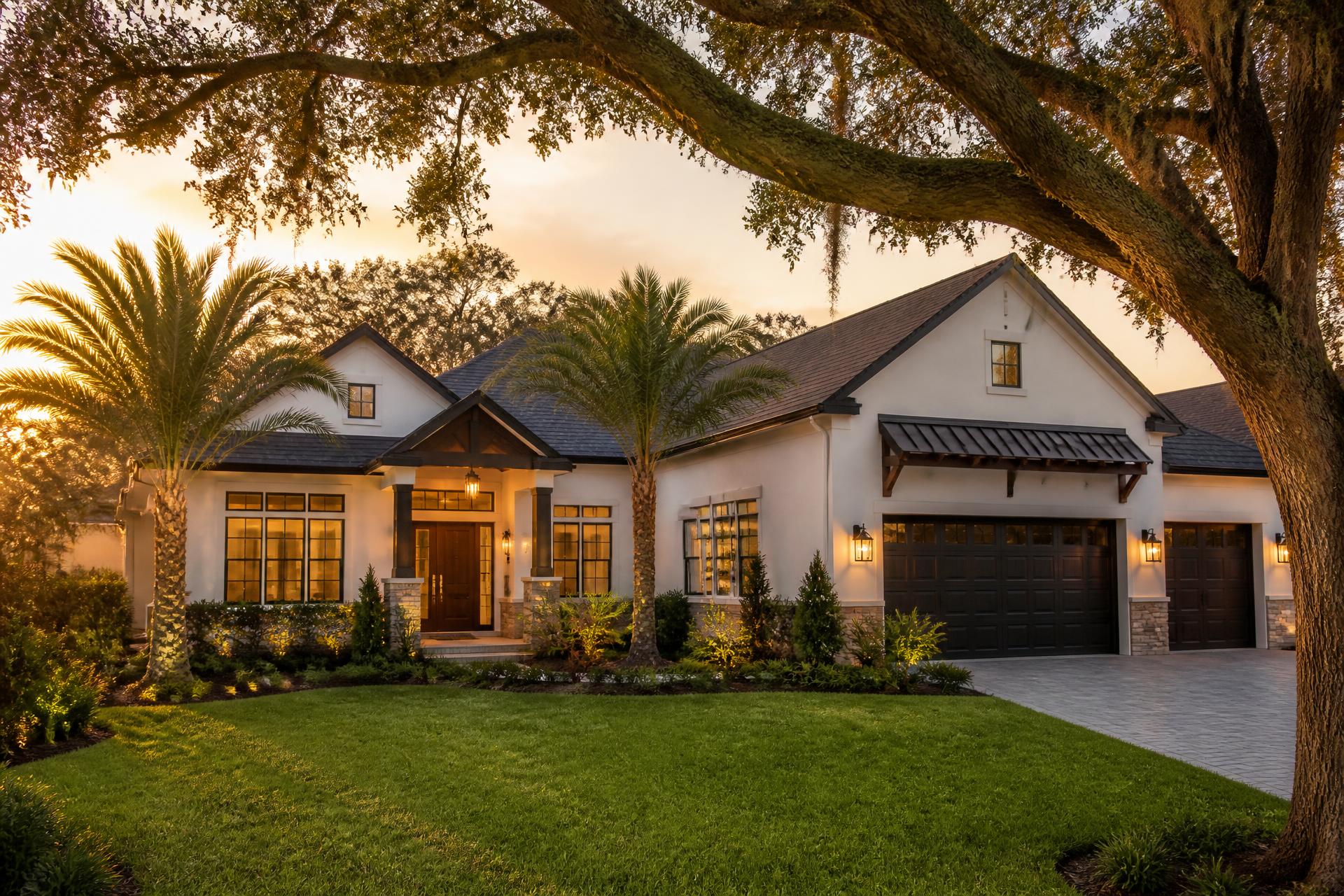 Single-family home with palm trees and live oaks on a residential street in Apopka, Florida at sunset